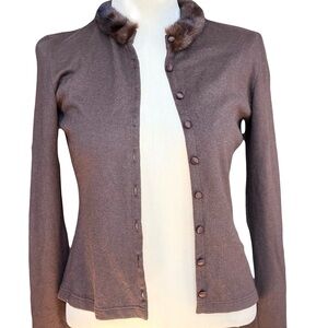 Vintage cashmere cardigan with silk faux fur collar by Heidi Weisel size 8